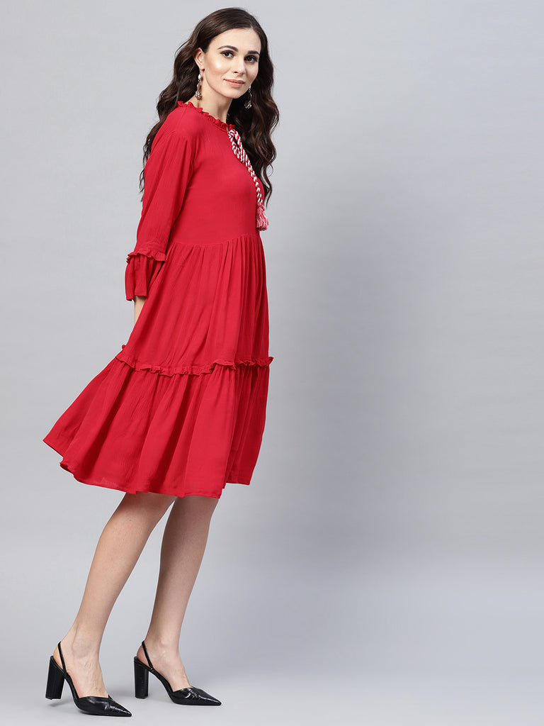 Women's Red Solid A-Line Dress