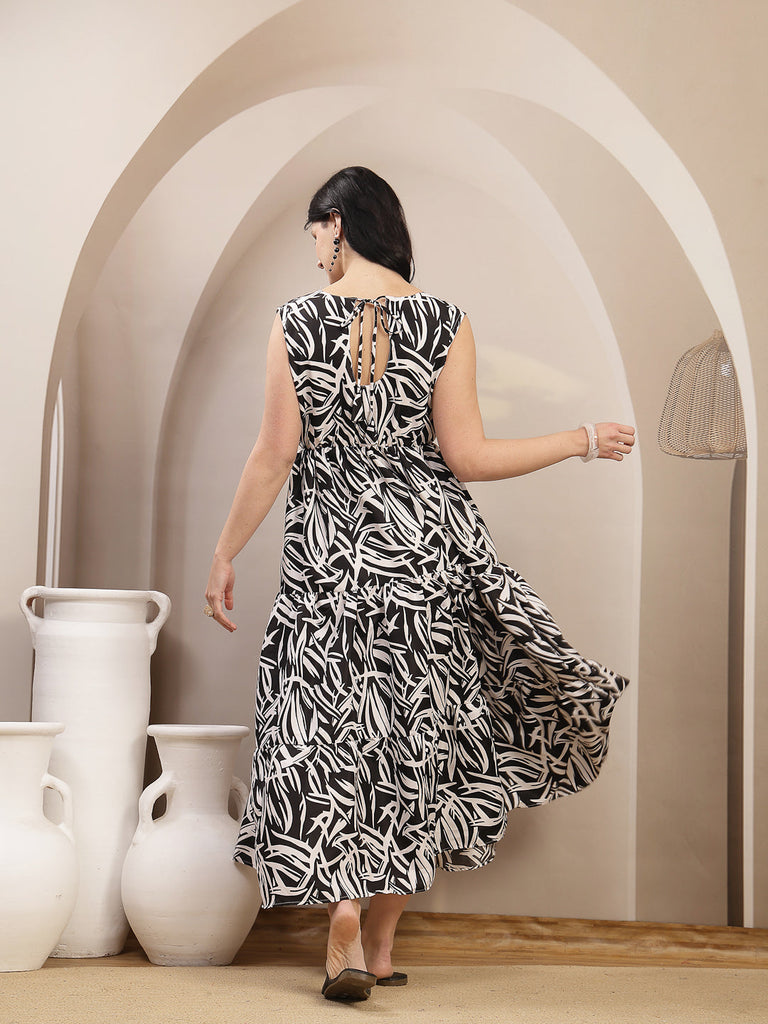 Women's Black Abstract Printed Poly Rayon Tiered Dress