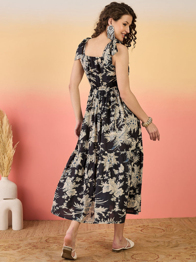 Women's Black Floral Printed Cotton Tiered Dress