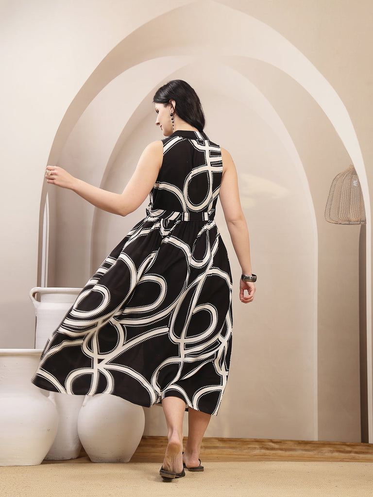 Women's Black Abstract Printed Rayon Pleated Dress