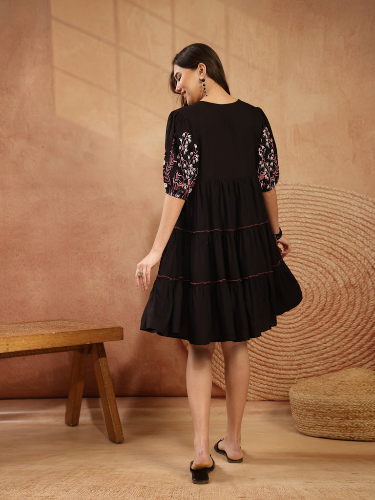Women's Black Solid & Embroidered Rayon Tiered Dress
