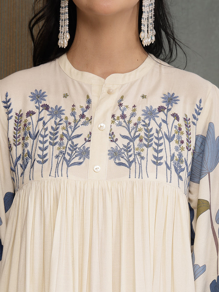 Women's Blue Floral Printed & Embroidered Cotton Tiered Dress