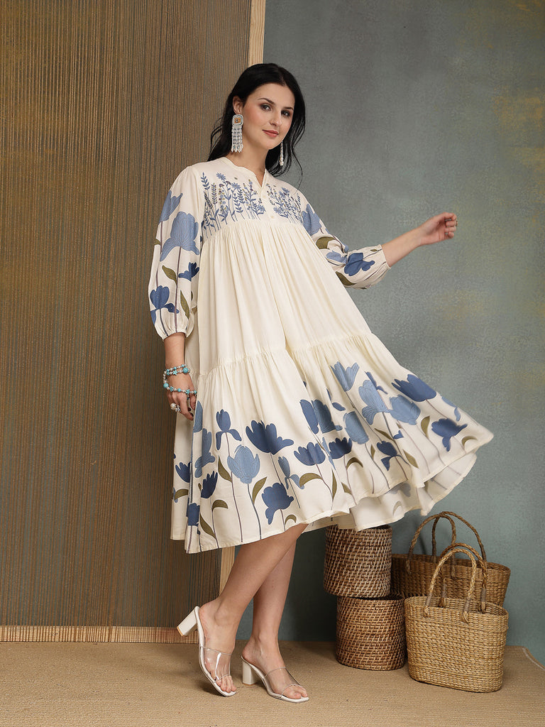 Women's Blue Floral Printed & Embroidered Cotton Tiered Dress