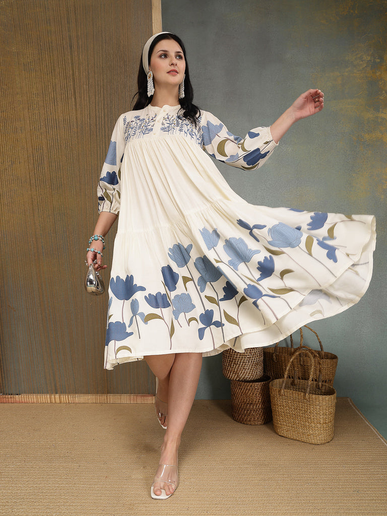 Women's Blue Floral Printed & Embroidered Cotton Tiered Dress