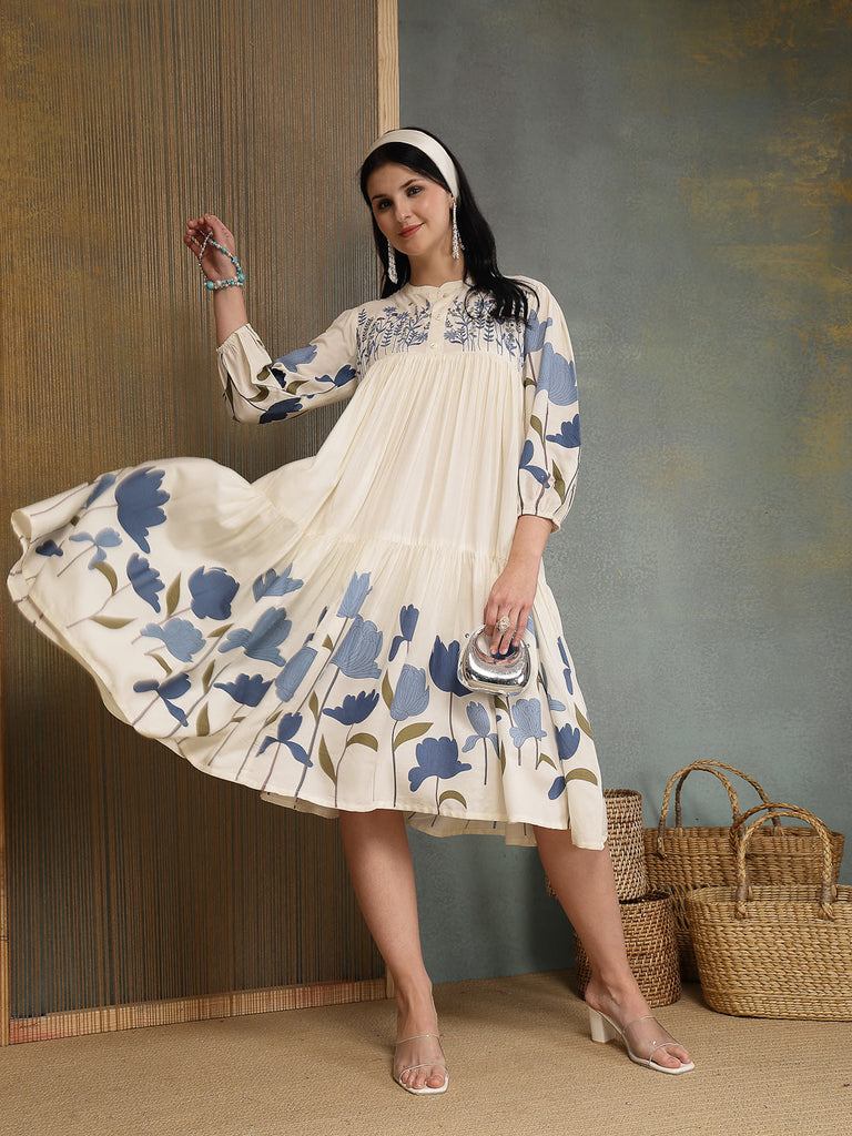 Women's Blue Floral Printed & Embroidered Cotton Tiered Dress
