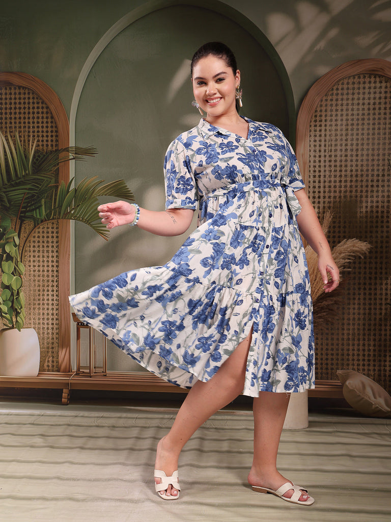 Women's Plus Size Blue Floral Printed Cotton Flared Dress