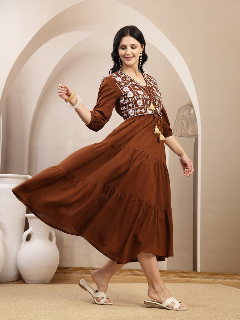Women's Brown Solid & Embroidered Tiered Dress With Jacket
