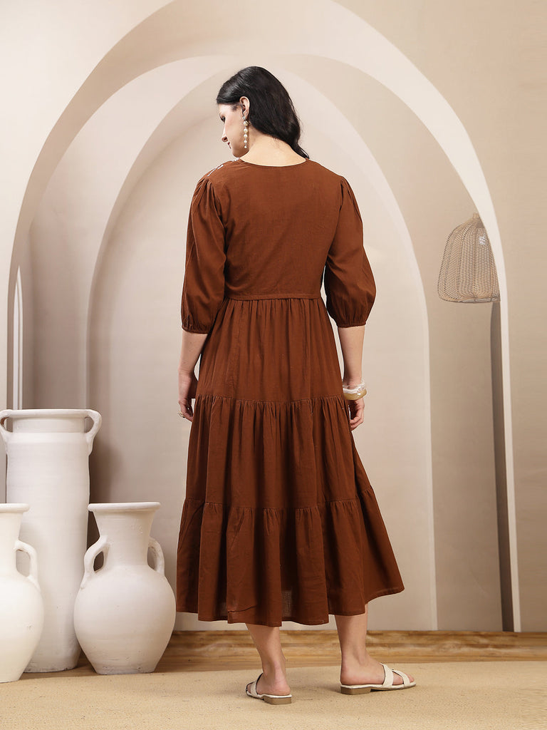 Women's Brown Solid & Embroidered Tiered Dress With Jacket