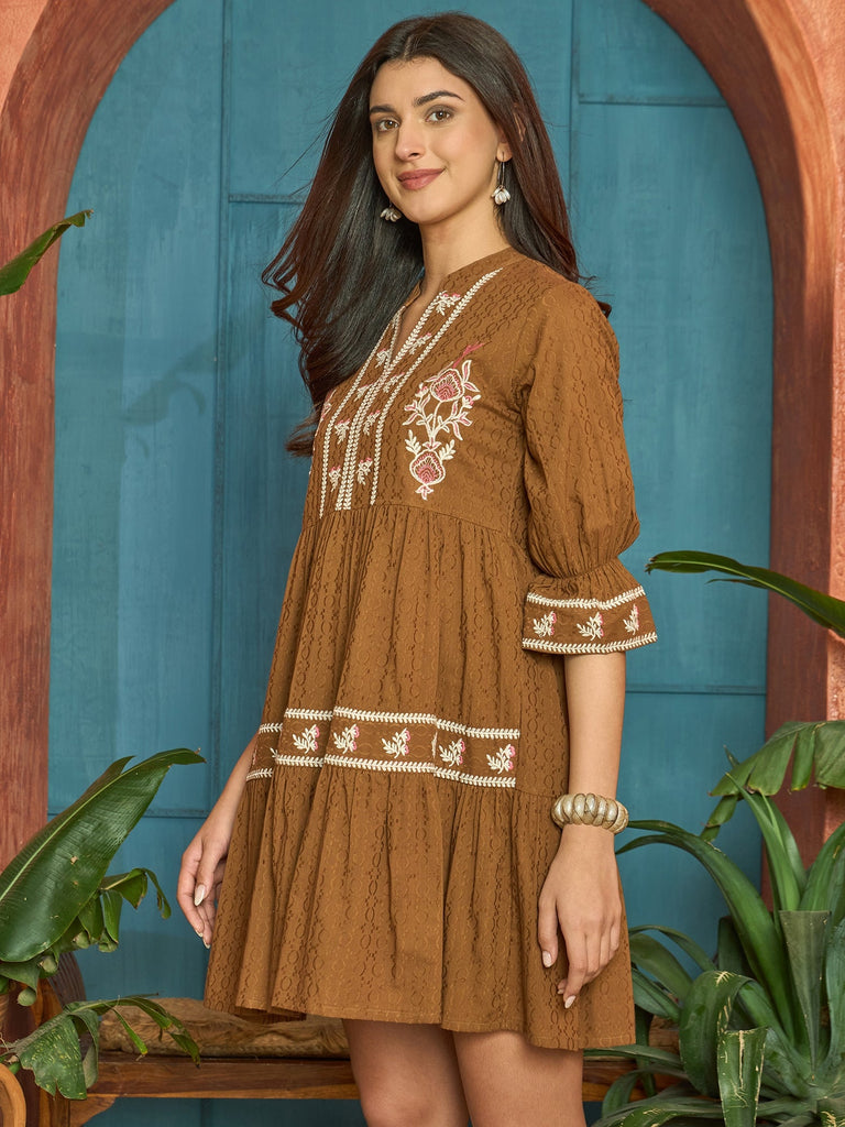 Women's Brown Woven Embroidered Cotton Dobby Tiered Dress
