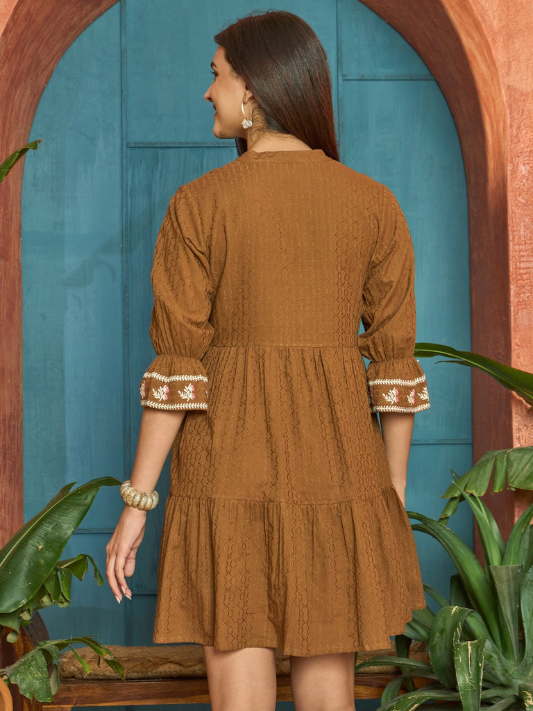 Women's Brown Woven Embroidered Cotton Dobby Tiered Dress