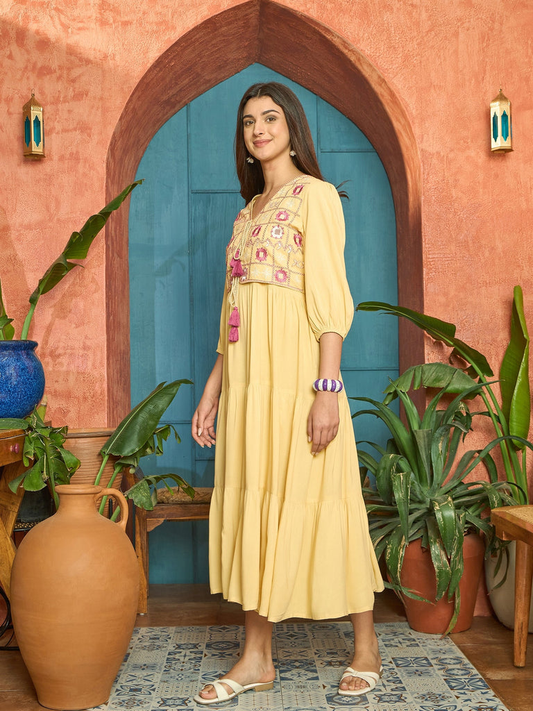 Women's Butter Solid & Embroidered Rayon Tiered Dress With Jacket