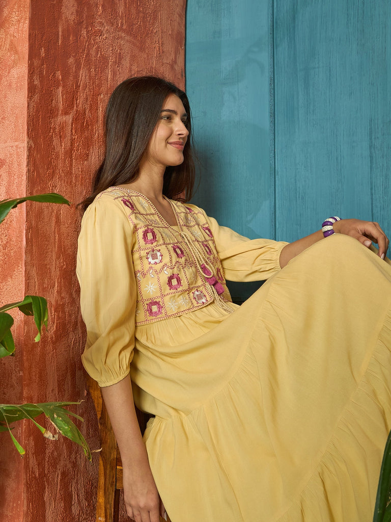 Women's Butter Solid & Embroidered Rayon Tiered Dress With Jacket