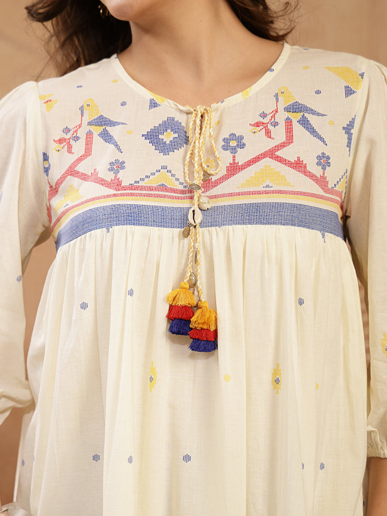 Women's Cream Solid & Embroidered Cotton Tiered Dress