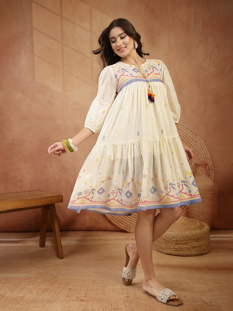Women's Cream Solid & Embroidered Cotton Tiered Dress