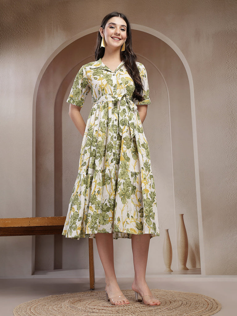 Women's Green Floral Printed Cotton Flared Dress