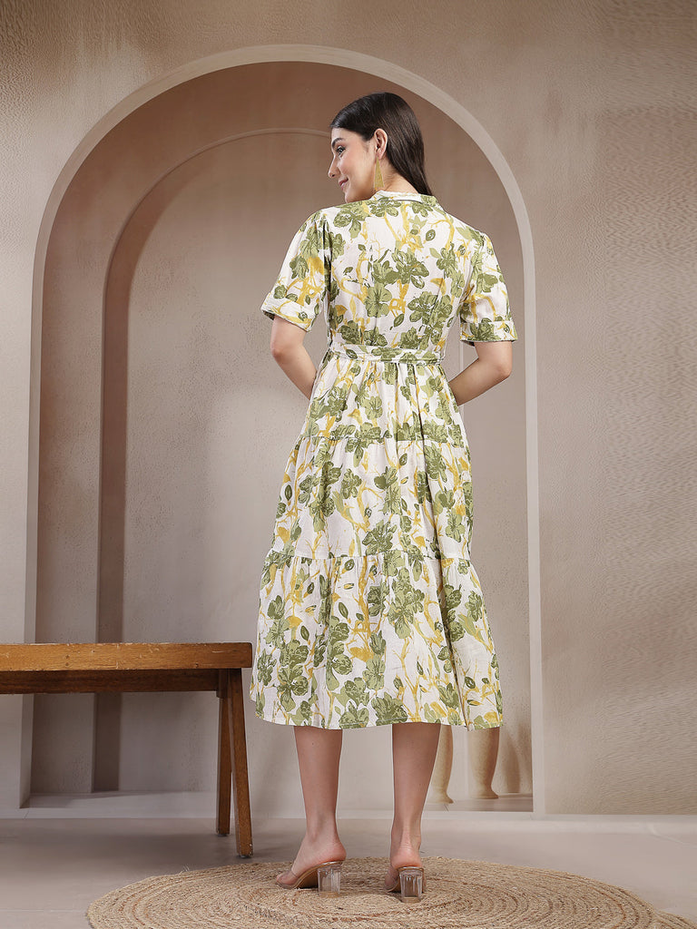 Women's Green Floral Printed Cotton Flared Dress