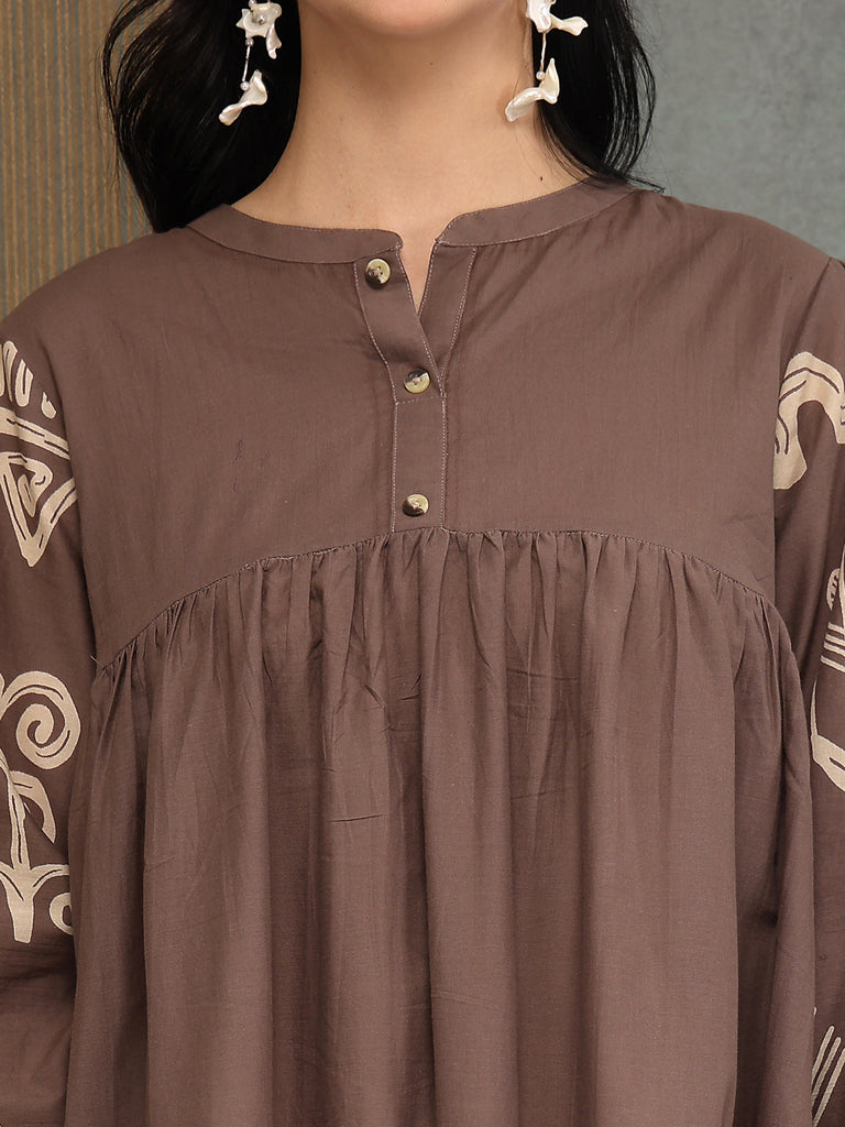 Women's Grey Boho Printed Cotton Tiered Dress