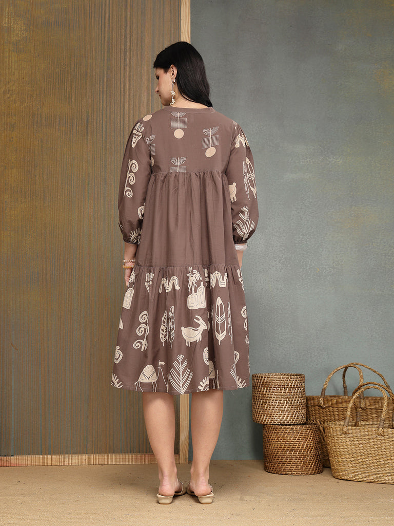 Women's Grey Boho Printed Cotton Tiered Dress