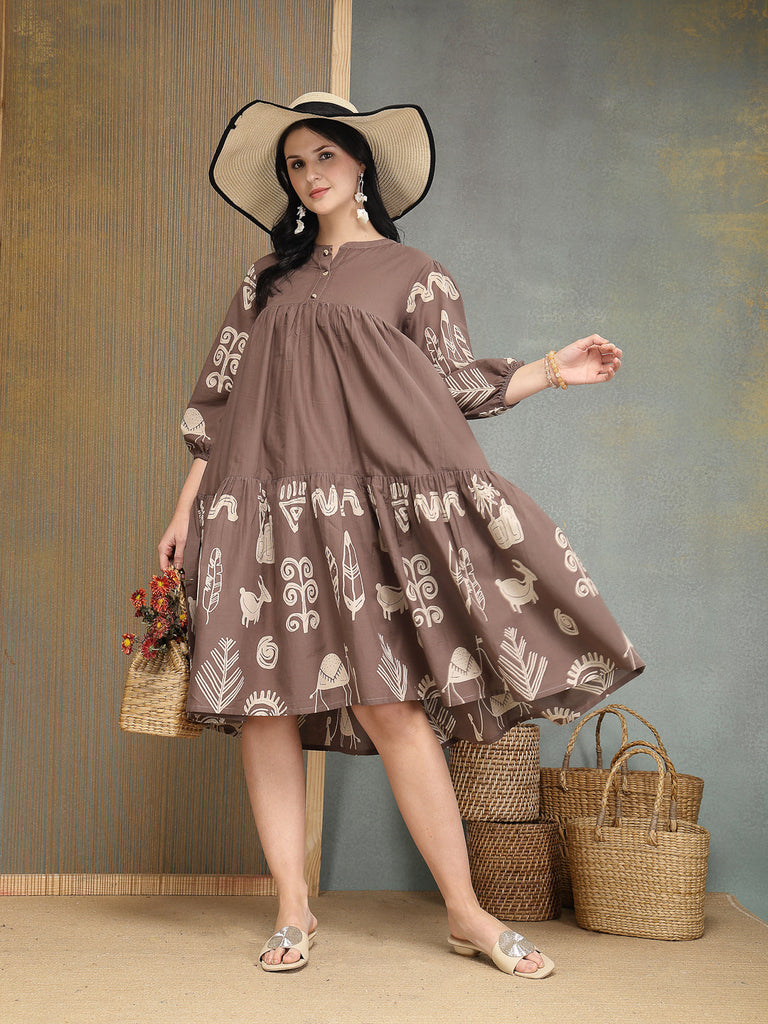 Women's Grey Boho Printed Cotton Tiered Dress