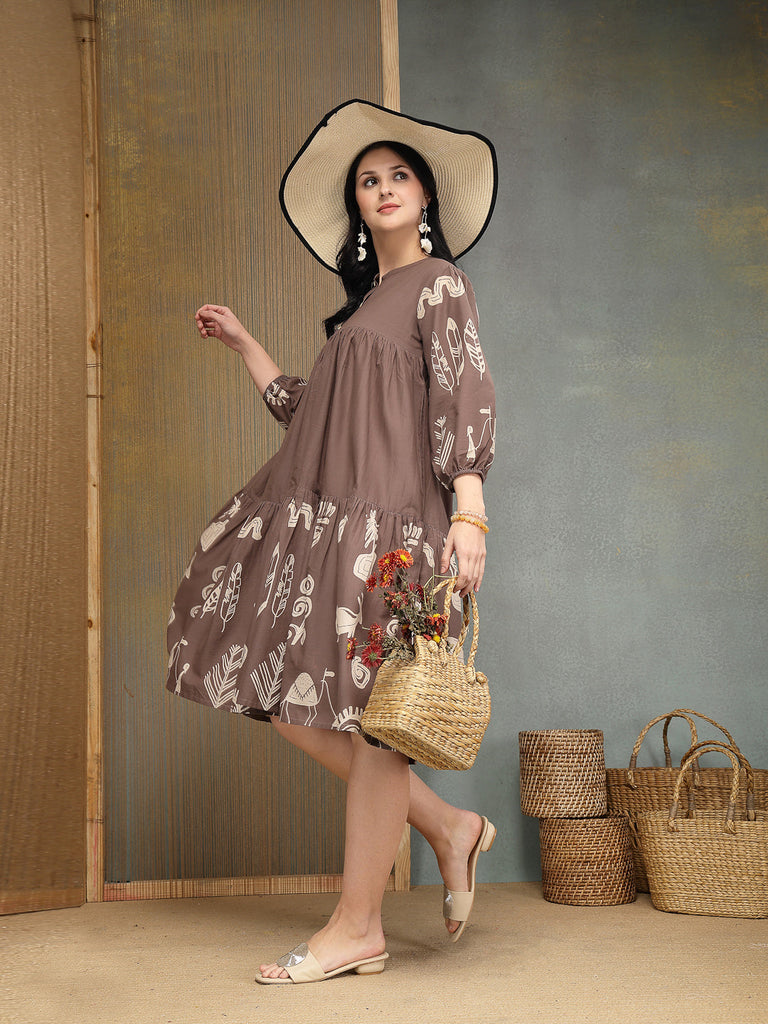 Women's Grey Boho Printed Cotton Tiered Dress