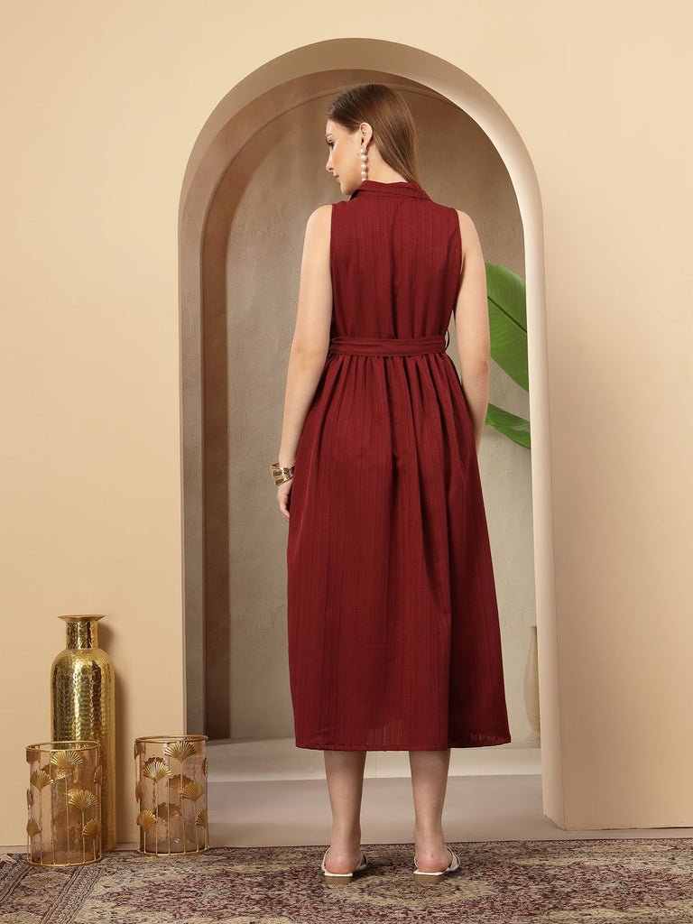 Women's Maroon Self Design Crepe Pleated Dress
