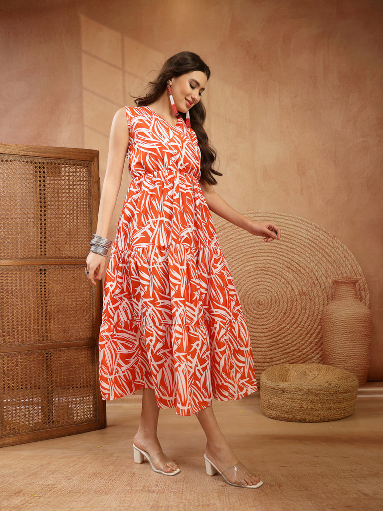 Women's Orange Abstract Printed Poly Rayon Tiered Dress