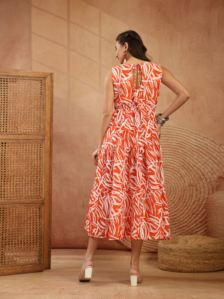 Women's Orange Abstract Printed Poly Rayon Tiered Dress