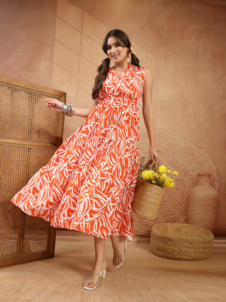 Women's Orange Abstract Printed Poly Rayon Tiered Dress
