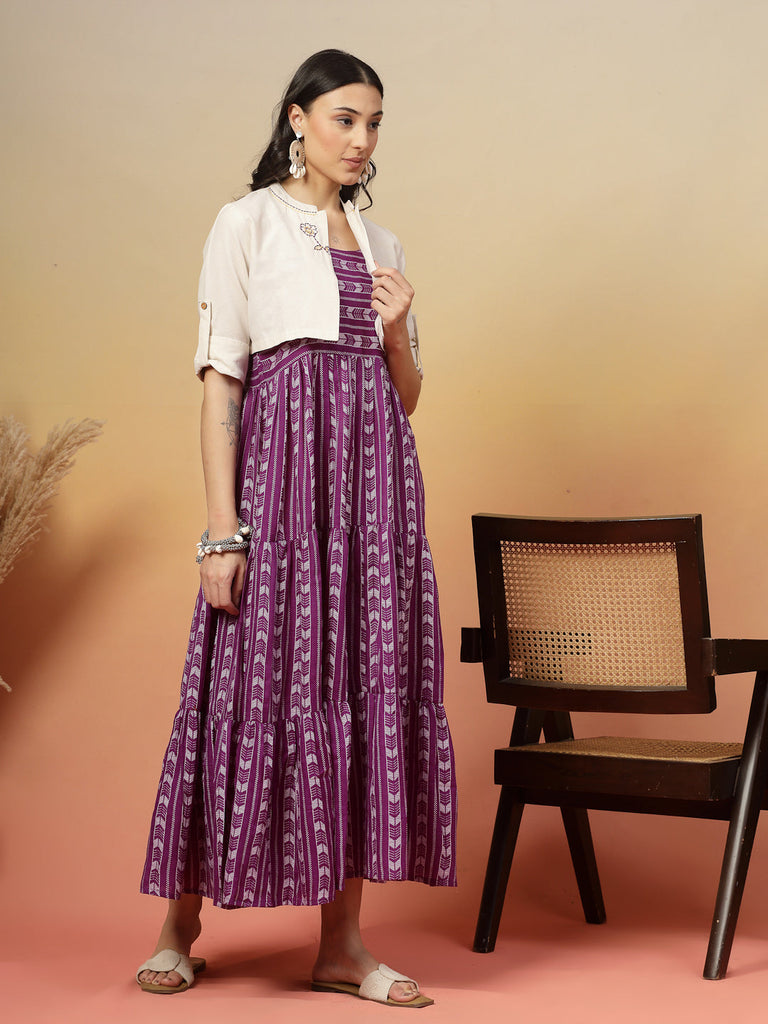 Women's Violet Woven Printed Cotton Tiered Dress With Cotton Flax Jacket