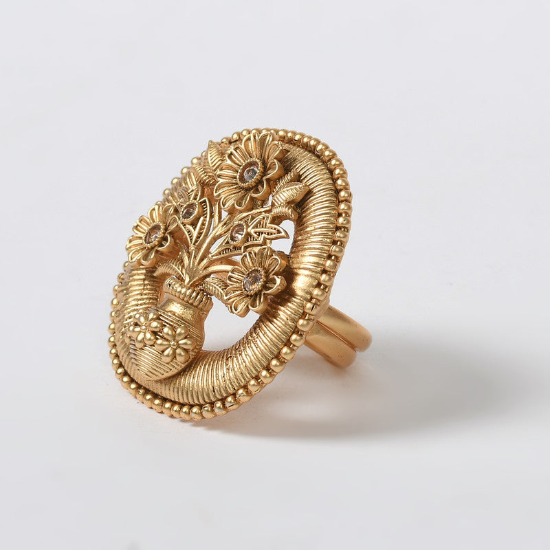 Women's Gold-Plated Stone Studded Adjustable Finger Ring