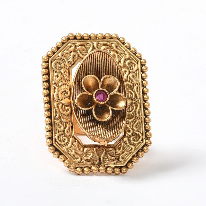 Women's Gold-Plated Stone Studded Adjustable Finger Ring - Kamal Johar