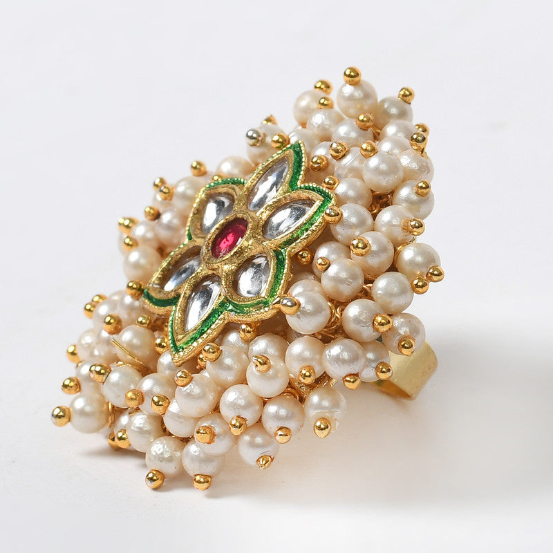 Women's Gold-Plated With Pearls Adjustable Finger Ring - Kamal Johar