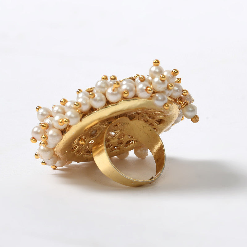 Women's Gold-Plated With Pearls Adjustable Finger Ring - Kamal Johar