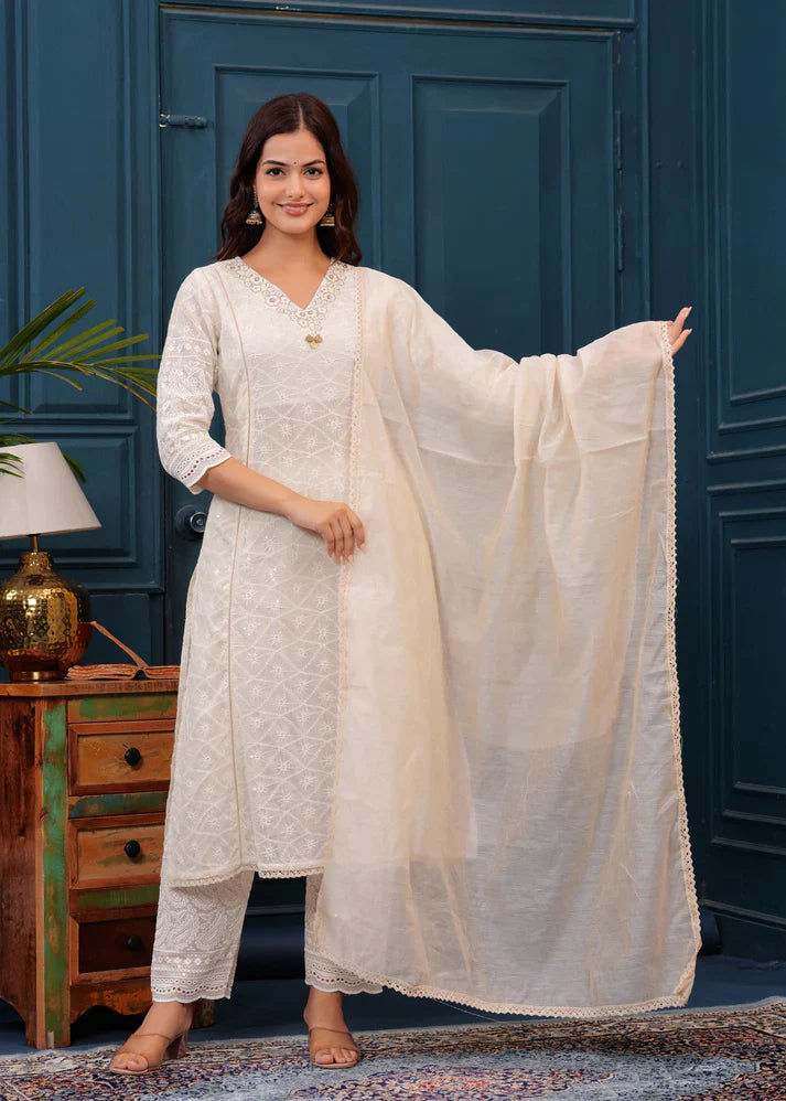 Women's Off White Chikankari Kurta And Pant Set With Chanderi Dupatta