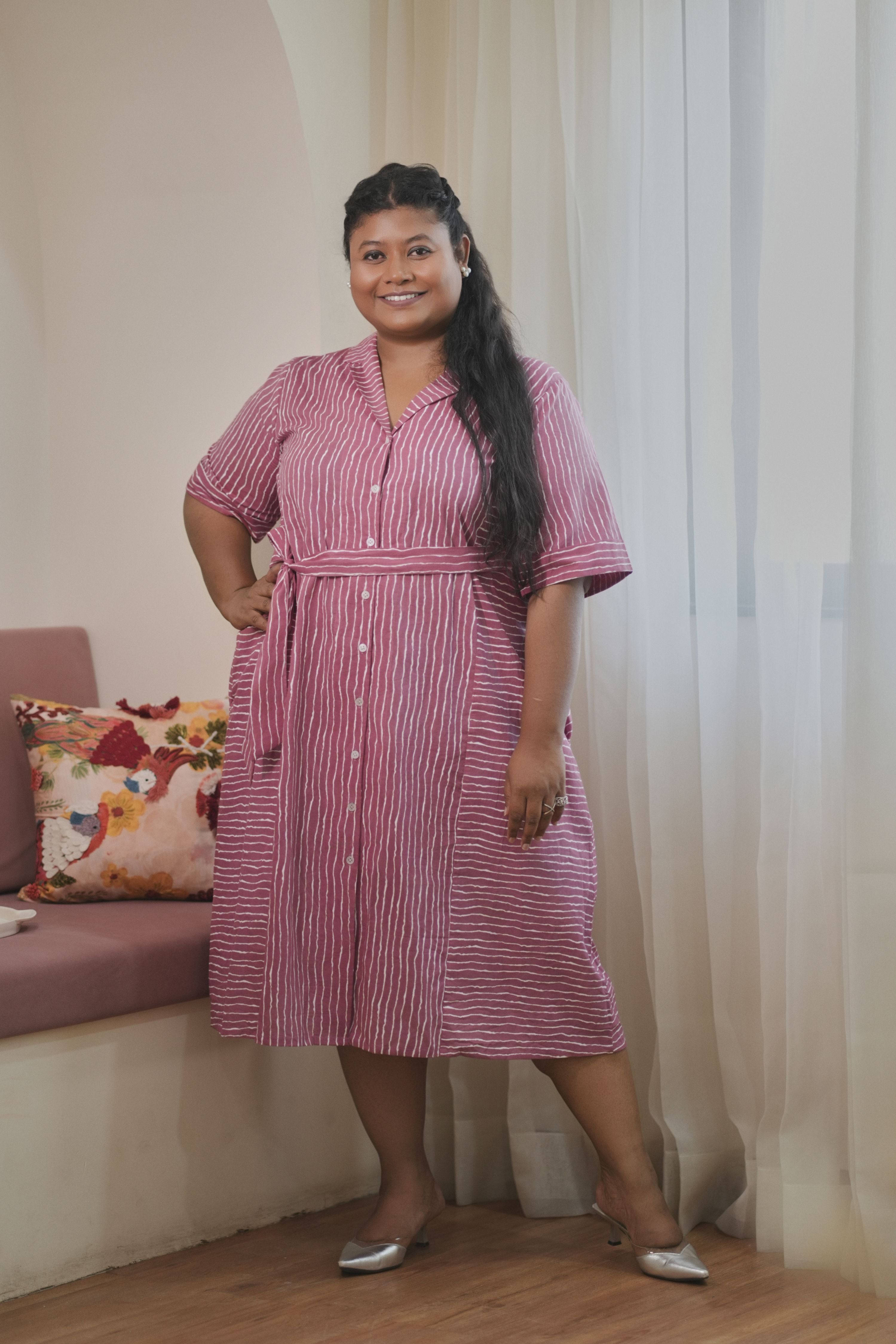 Women's Mauve Pink Striped Cotton Shirt Dress - Nangalia Ruchira