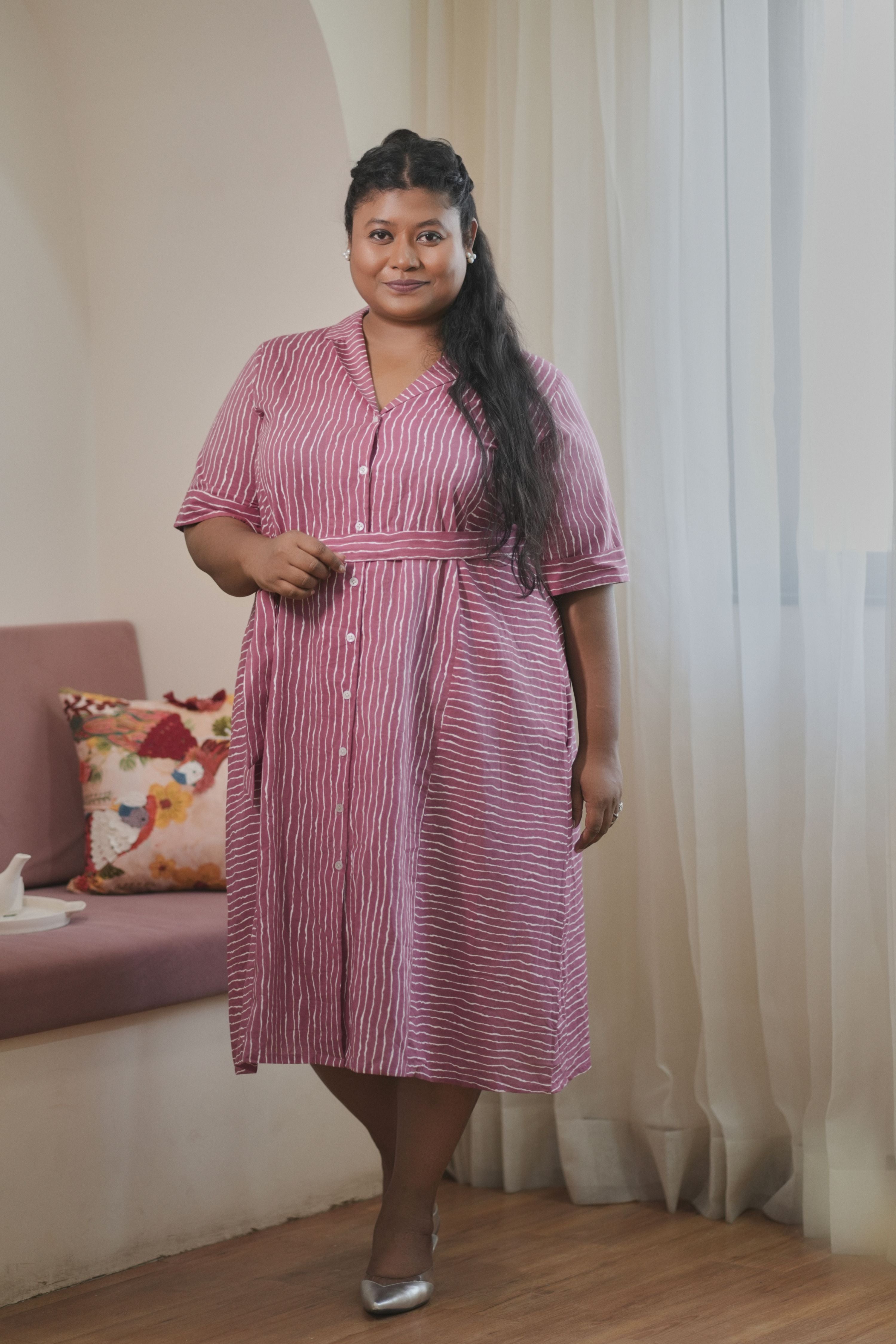 Women's Mauve Pink Striped Cotton Shirt Dress - Nangalia Ruchira