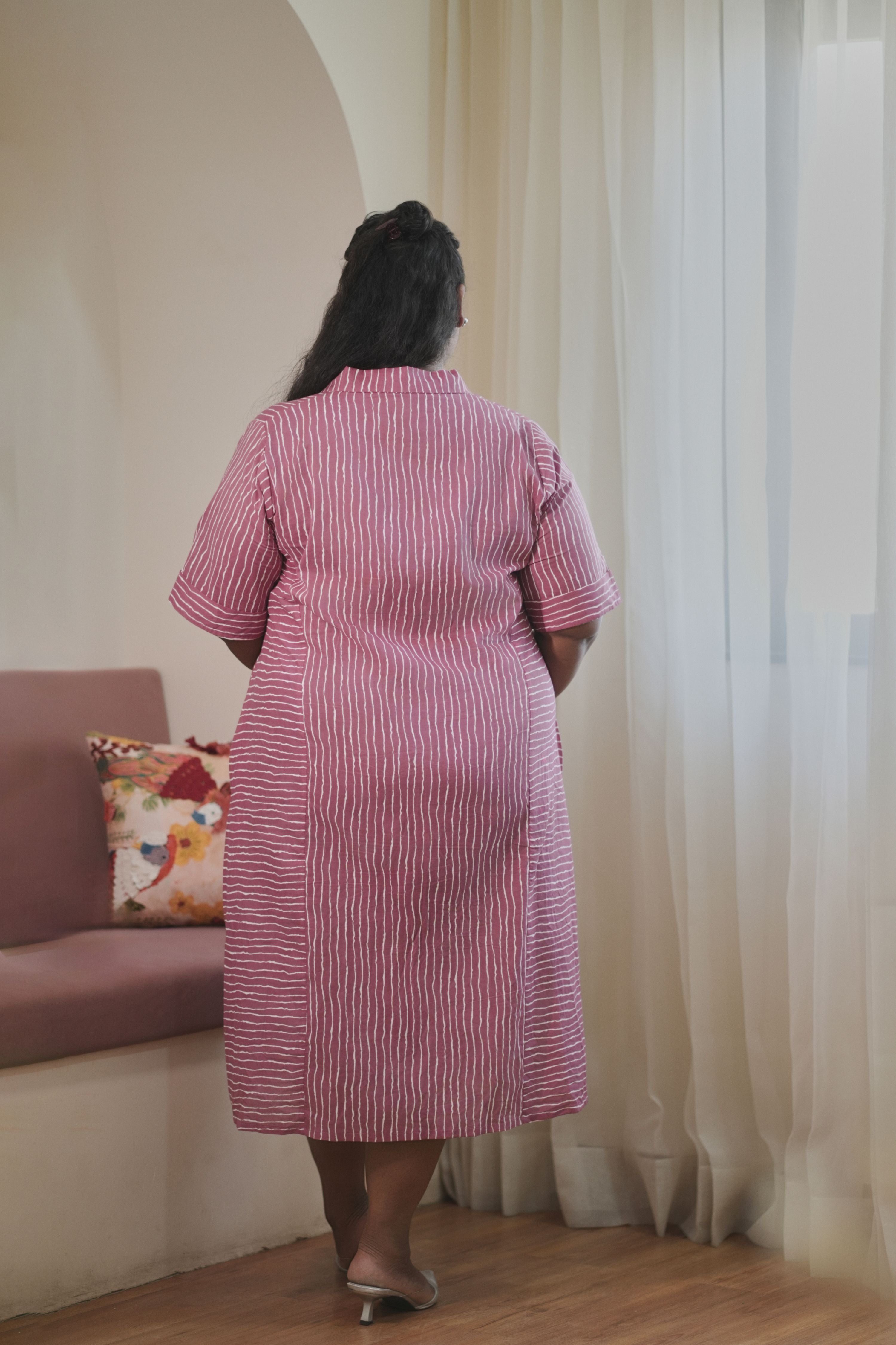 Women's Mauve Pink Striped Cotton Shirt Dress - Nangalia Ruchira