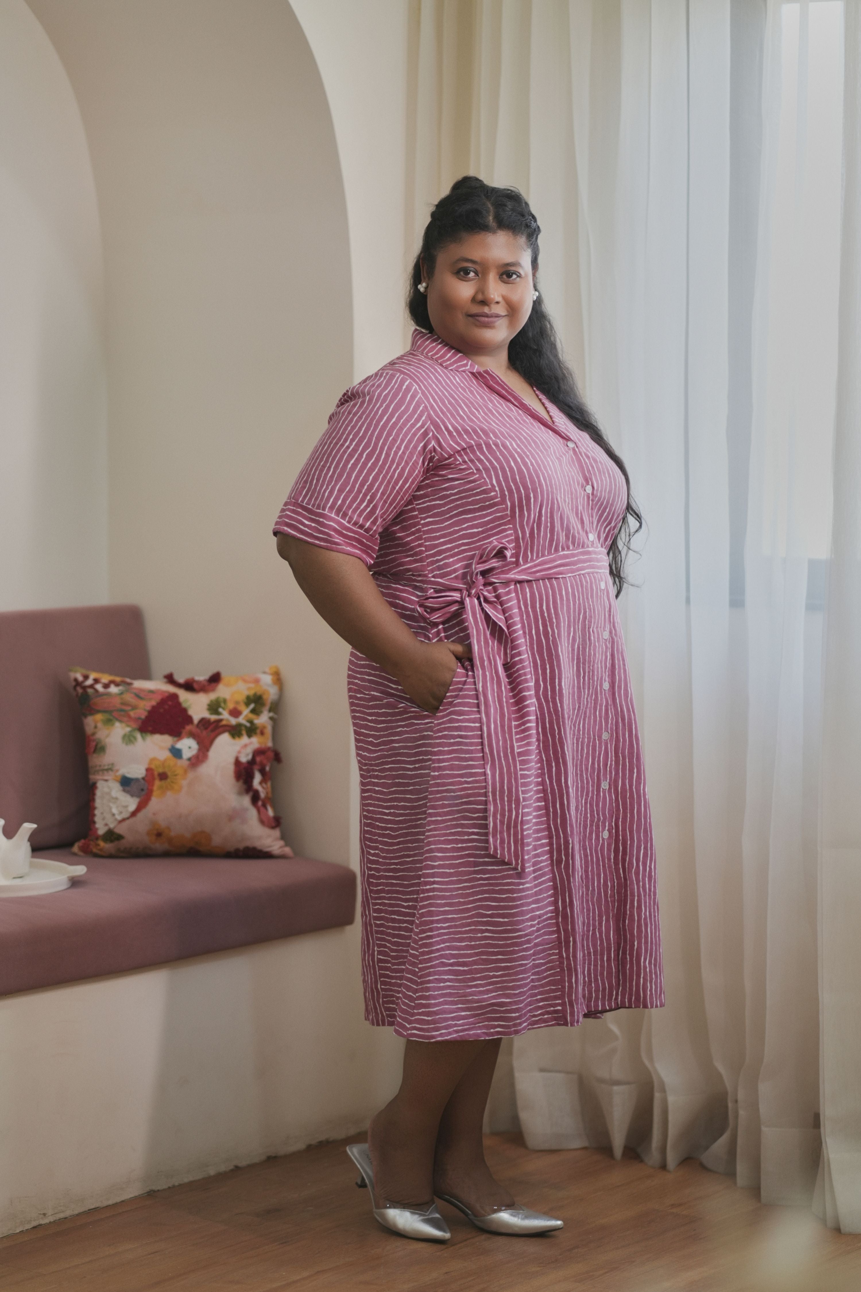 Women's Mauve Pink Striped Cotton Shirt Dress - Nangalia Ruchira