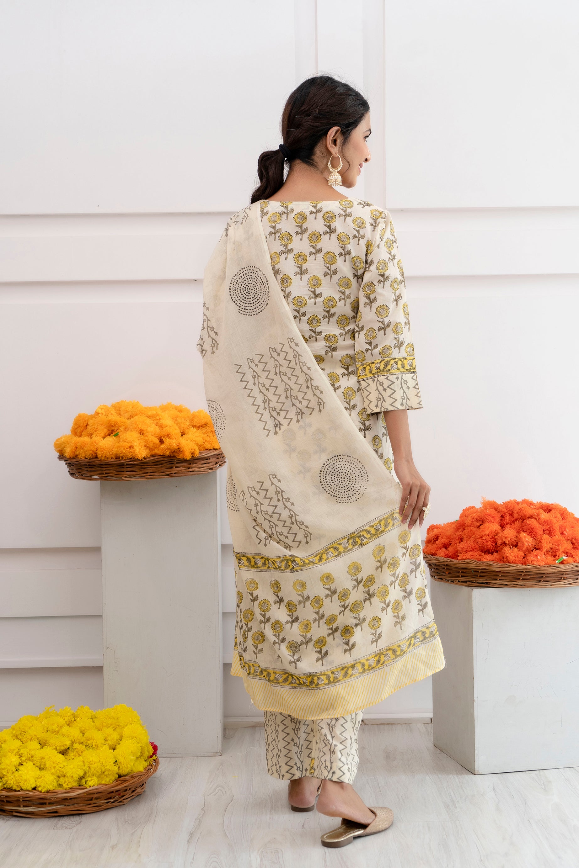Women's Cotton Beige Hand Block Print Suit Set 3 Pc Jasmine Collection - Saras The Label