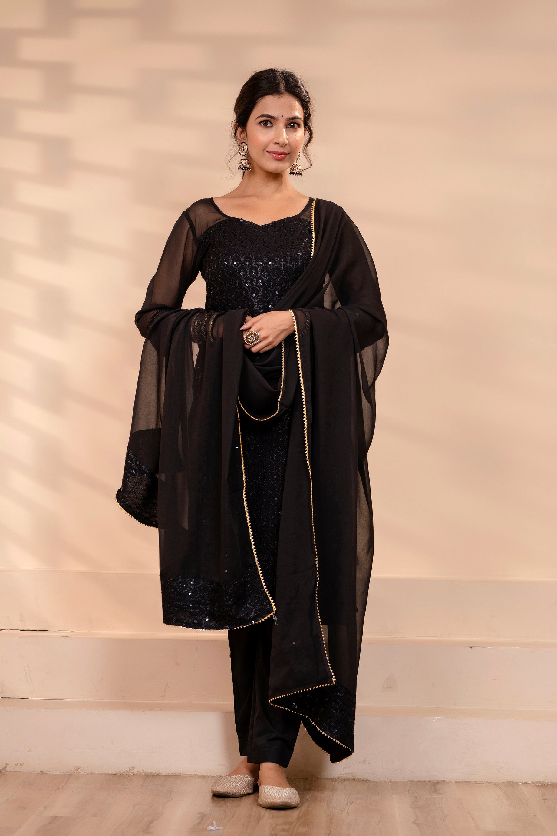 Women's Chiken Black Black Festive Suit Set 3Pc Adaah Collection - Saras The Label