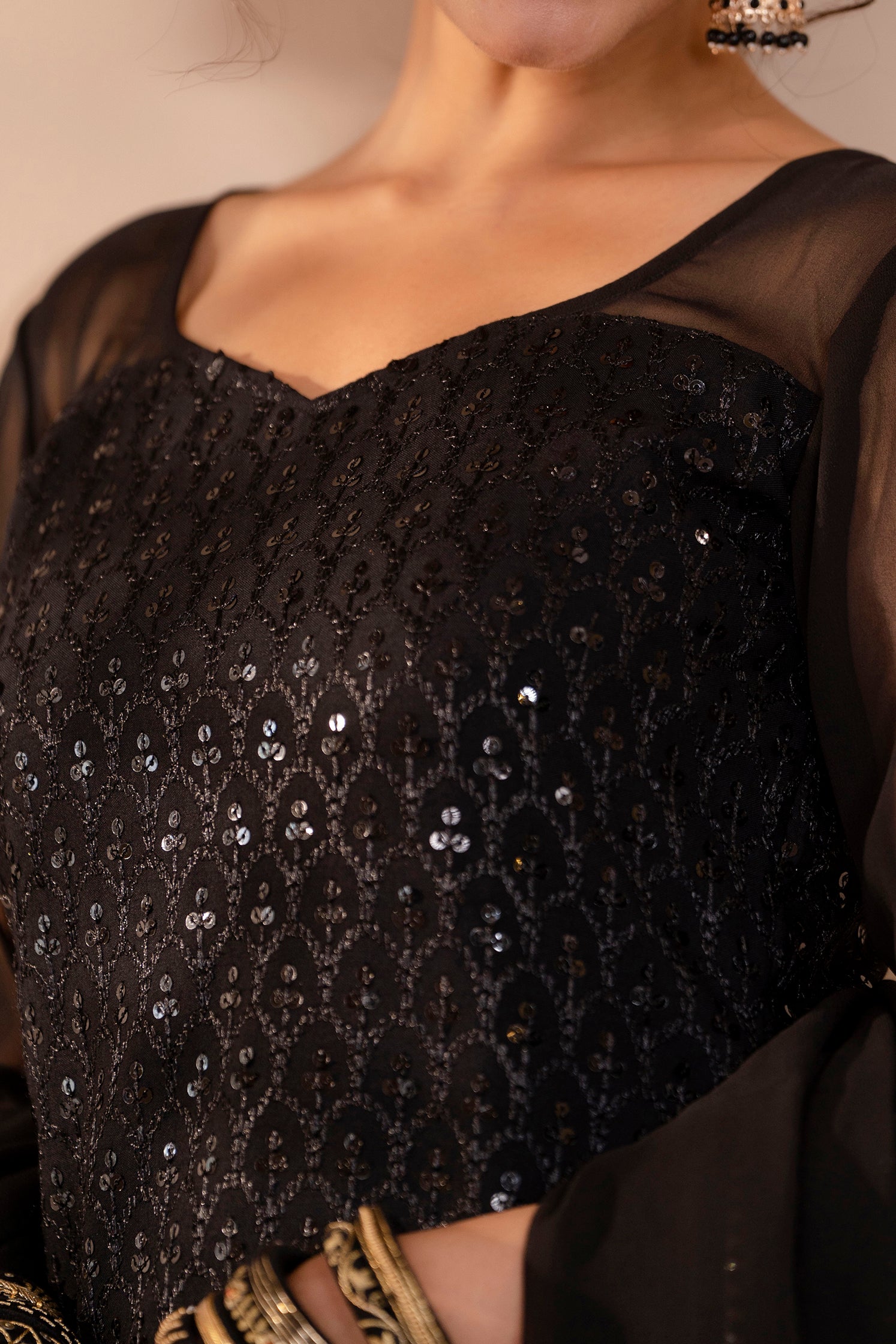 Women's Chiken Black Black Festive Suit Set 3Pc Adaah Collection - Saras The Label