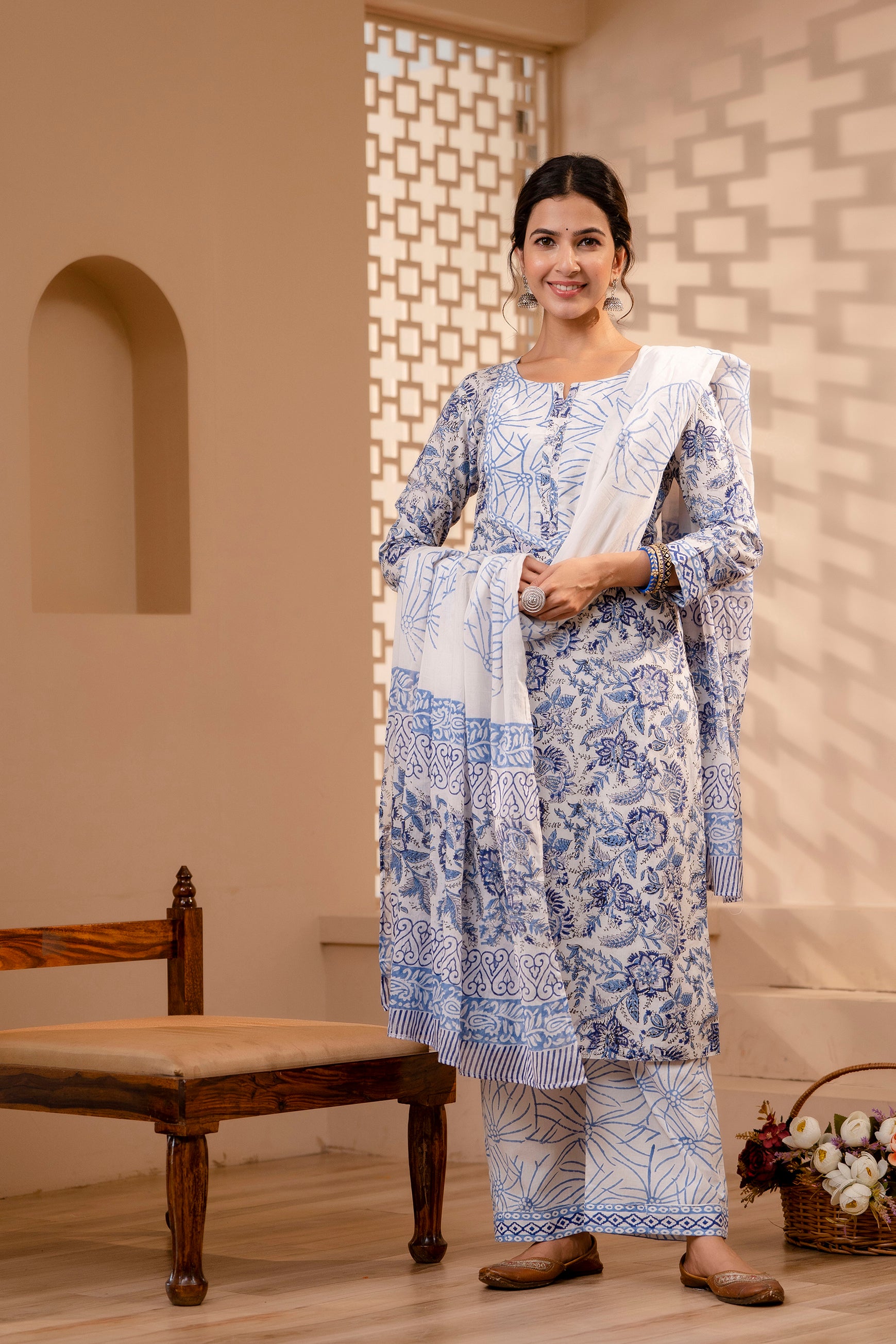 Women's Cotton White-Blue Hand Block Print Suit Set 3 Pc Jasmine Collection - Saras The Label