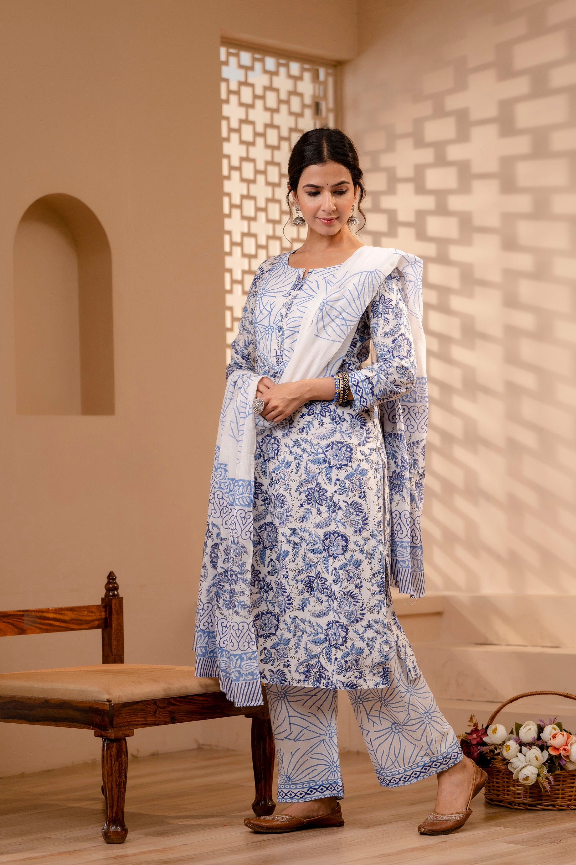 Women's Cotton White-Blue Hand Block Print Suit Set 3 Pc Jasmine Collection - Saras The Label