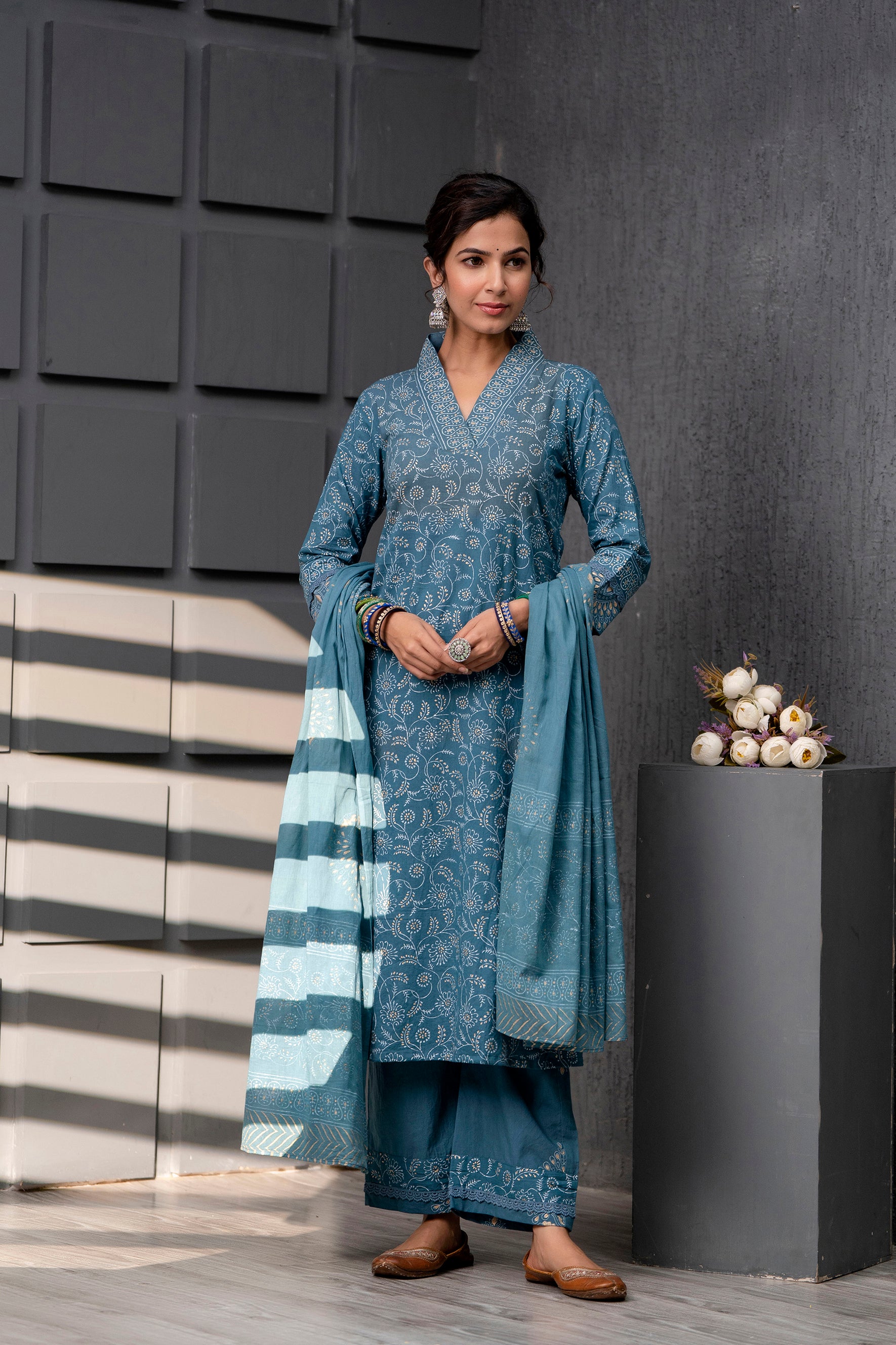 Women's Cotton Emrald Blue Hand Block Print Suit Set 3 Pc Jasmine Collection - Saras The Label