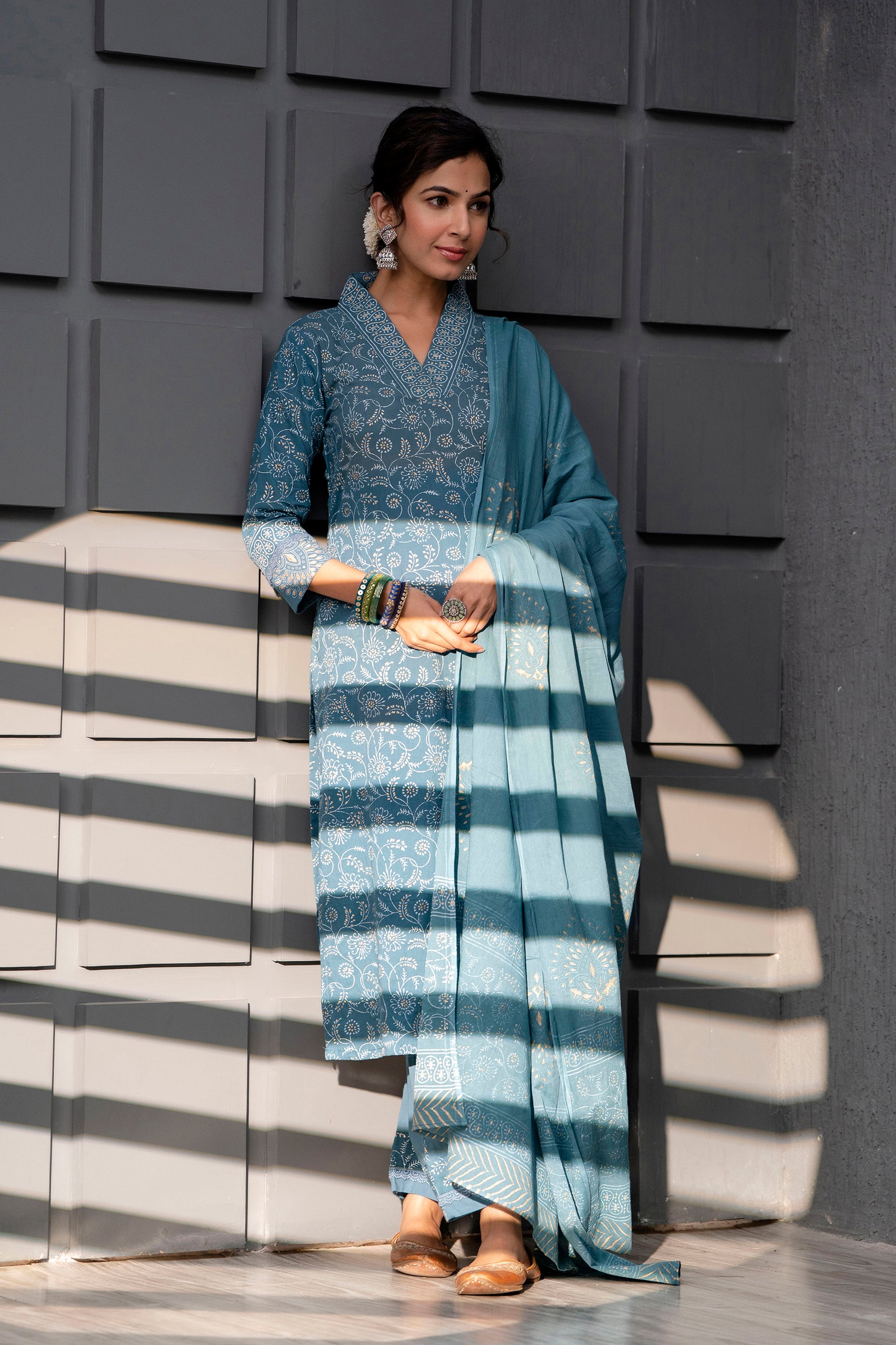 Women's Cotton Emrald Blue Hand Block Print Suit Set 3 Pc Jasmine Collection - Saras The Label