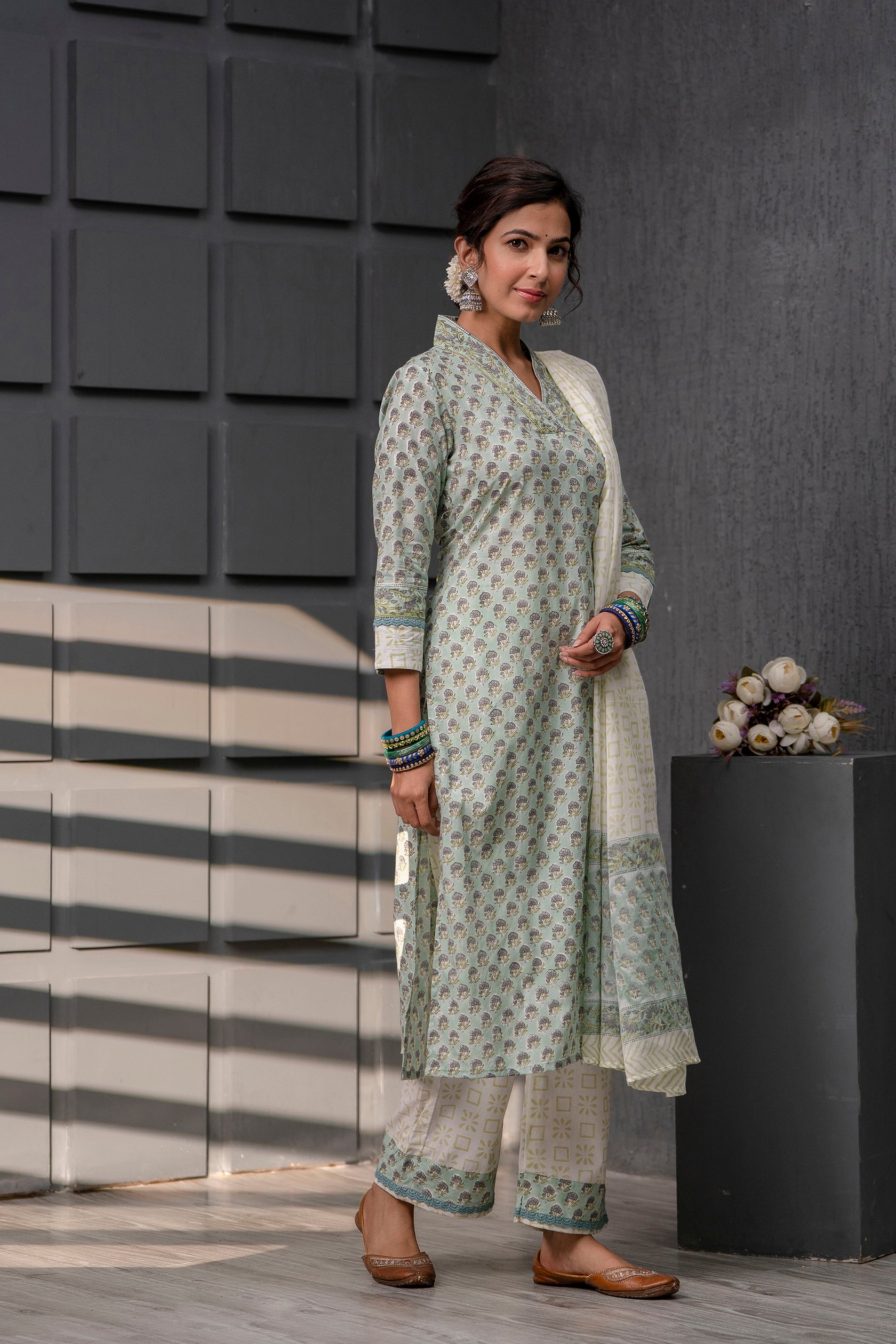 Women's Cotton Aqua Green Hand Block Print Suit Set 3 Pc Jasmine Collection - Saras The Label