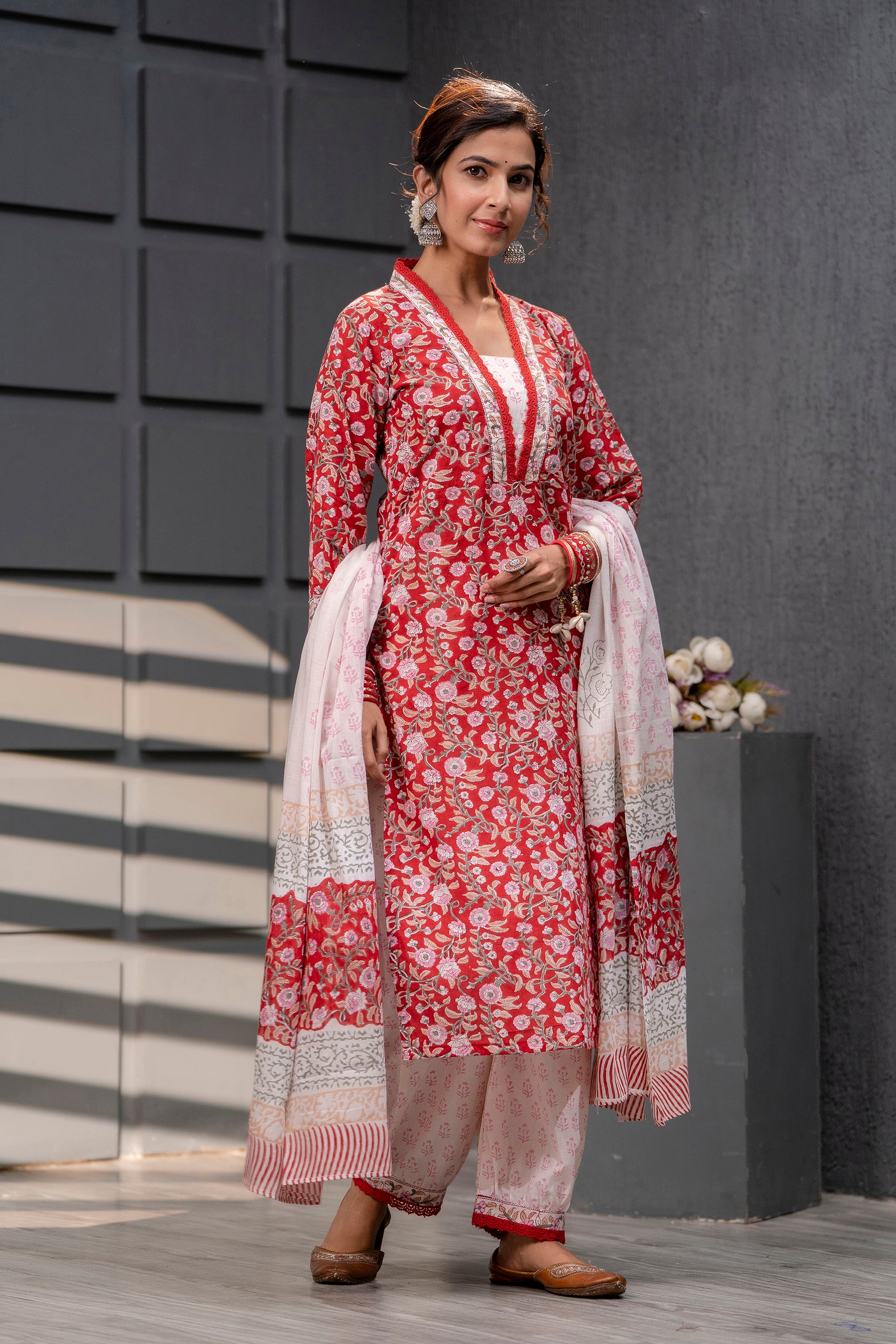 Women's Cotton Cherry Red Hand Block Print Suit Set 3 Pc Jasmine Collection - Saras The Label