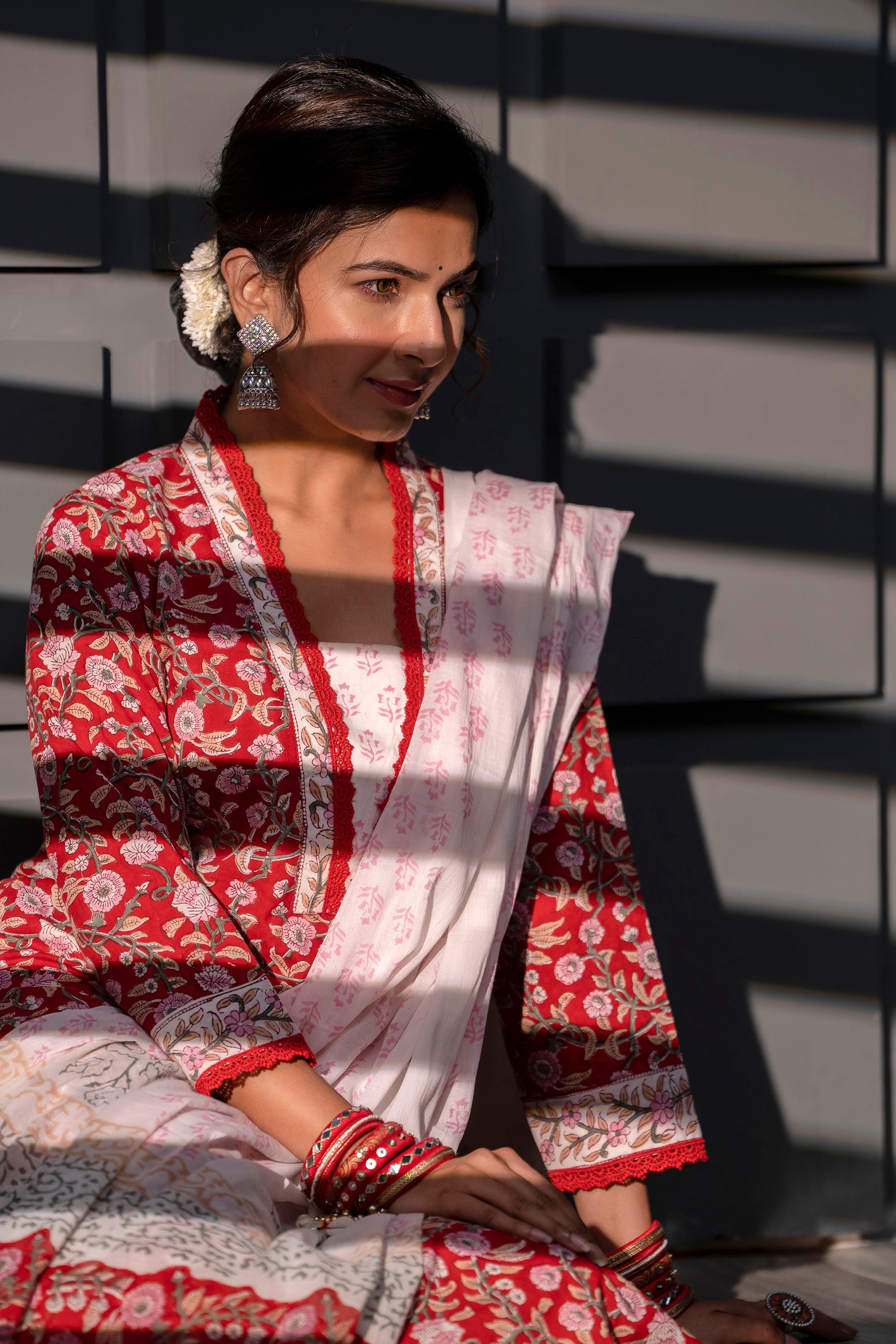 Women's Cotton Cherry Red Hand Block Print Suit Set 3 Pc Jasmine Collection - Saras The Label