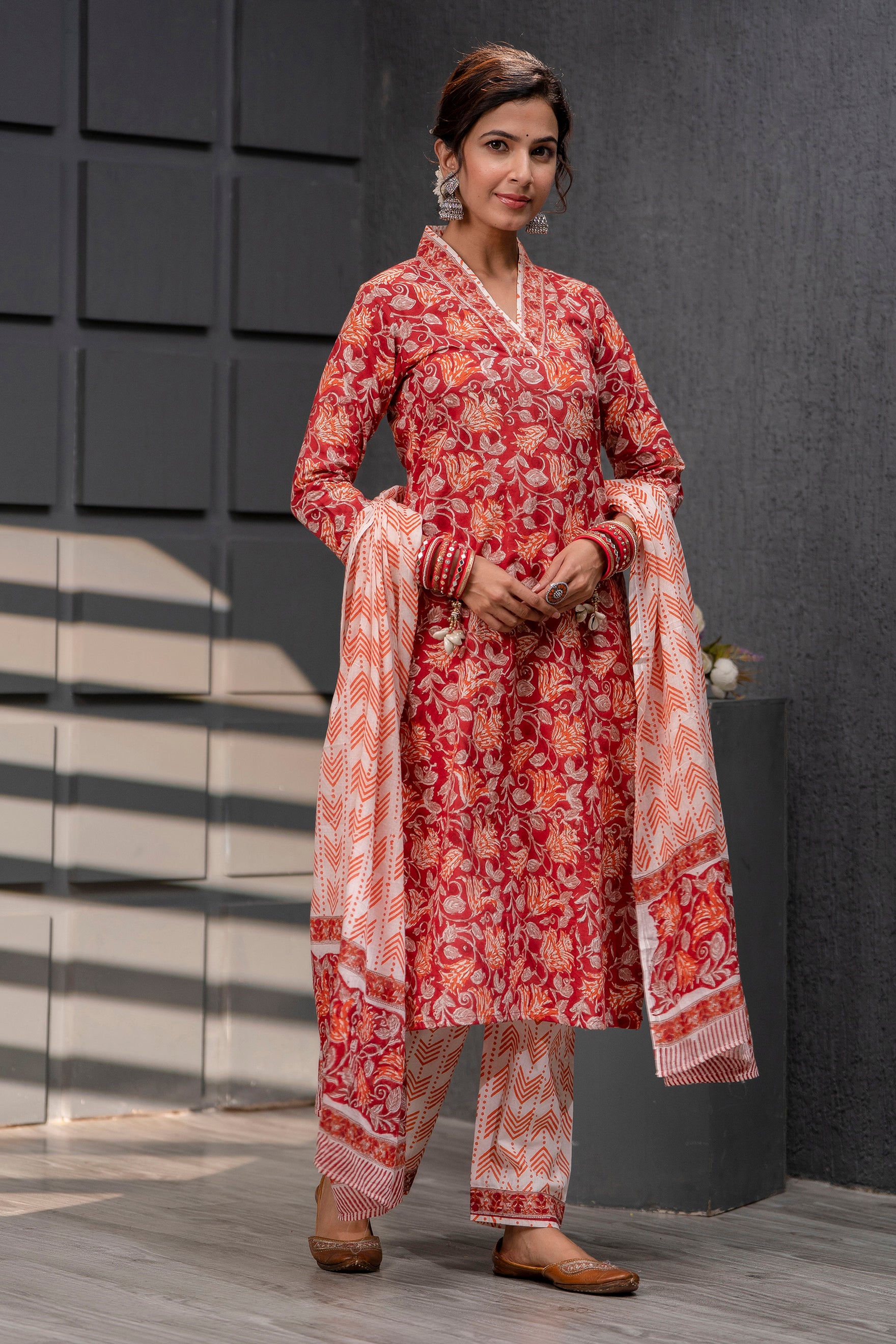 Women's Cotton Red Hand Block Print Suit Set 3 Pc Jasmine Collection - Saras The Label