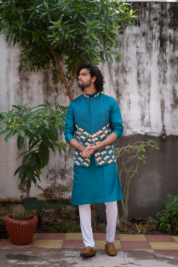Men's Blue Color Jacket With Kurta Pant Set